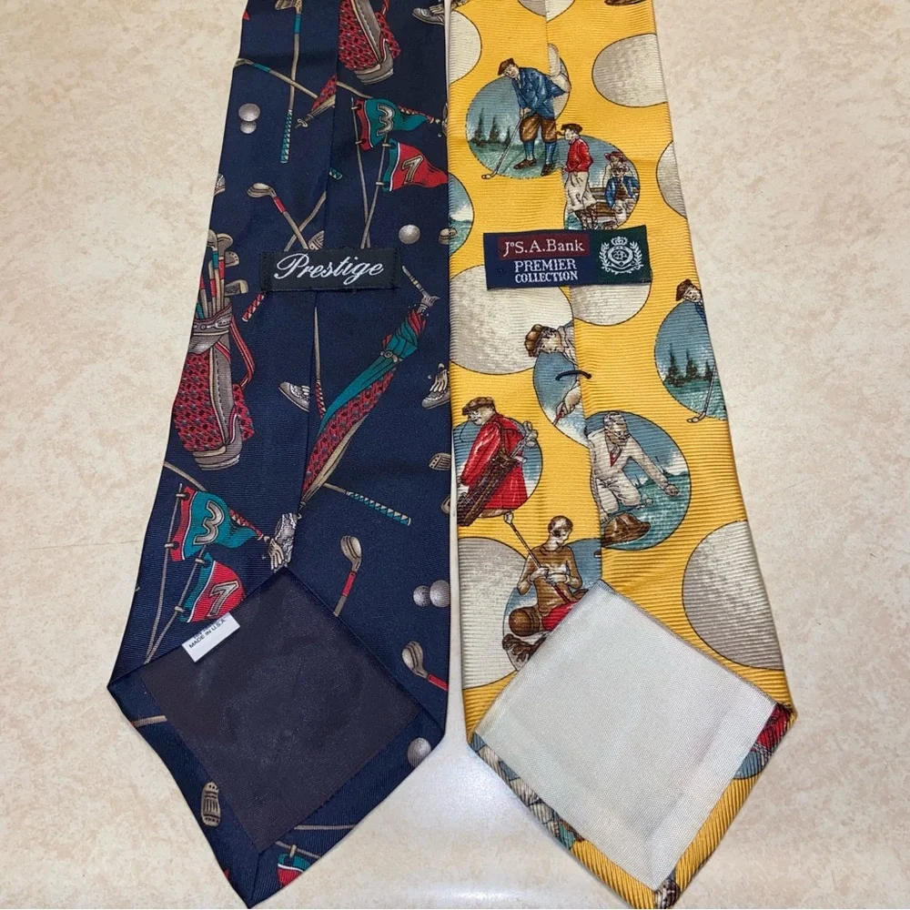 Vintage Prestige Jos. A. Bank Lot of 2 100% Silk Neck Ties USA Made Golf Golfing